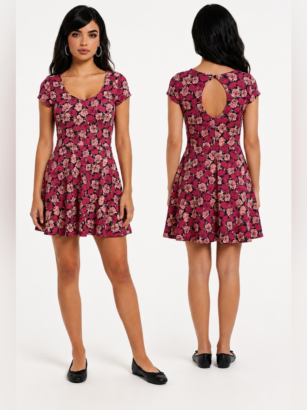 Pink Floral Fit & Flare Skater Dress Open Back Cutout M/L